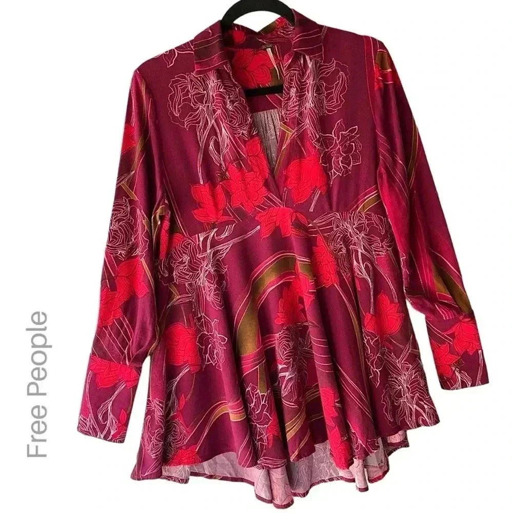 FREE PEOPLE | NWOT | FIELD OF FLOWERS LONG SLEEVE V-NECK TUNIC DRESS | SIZE: XS